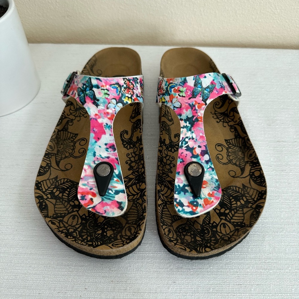Calceo Pink Floral Butterfly Buckle Slide Sandals Women’s EU40 US 9
